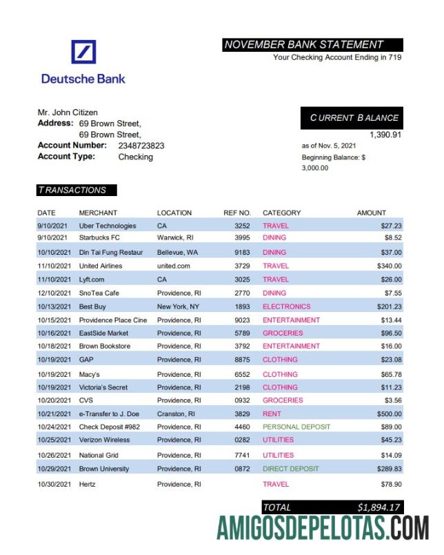 Extrato em branco do Deutsche Bank da Alemanha, modelo fácil de preencher em formato Excel e PDF